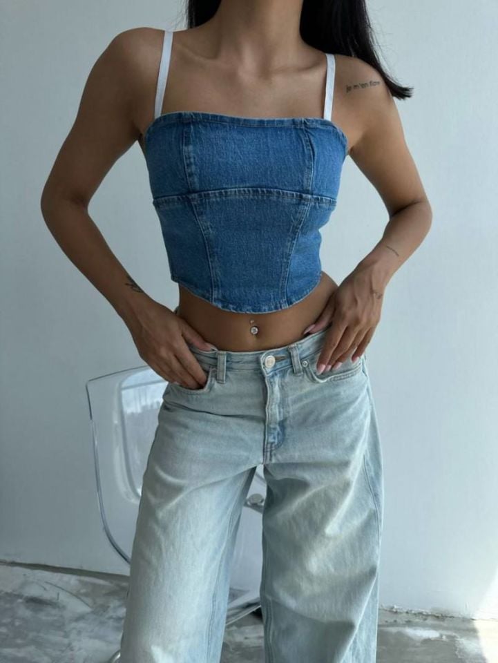 Askılı Denim Kot Crop Top