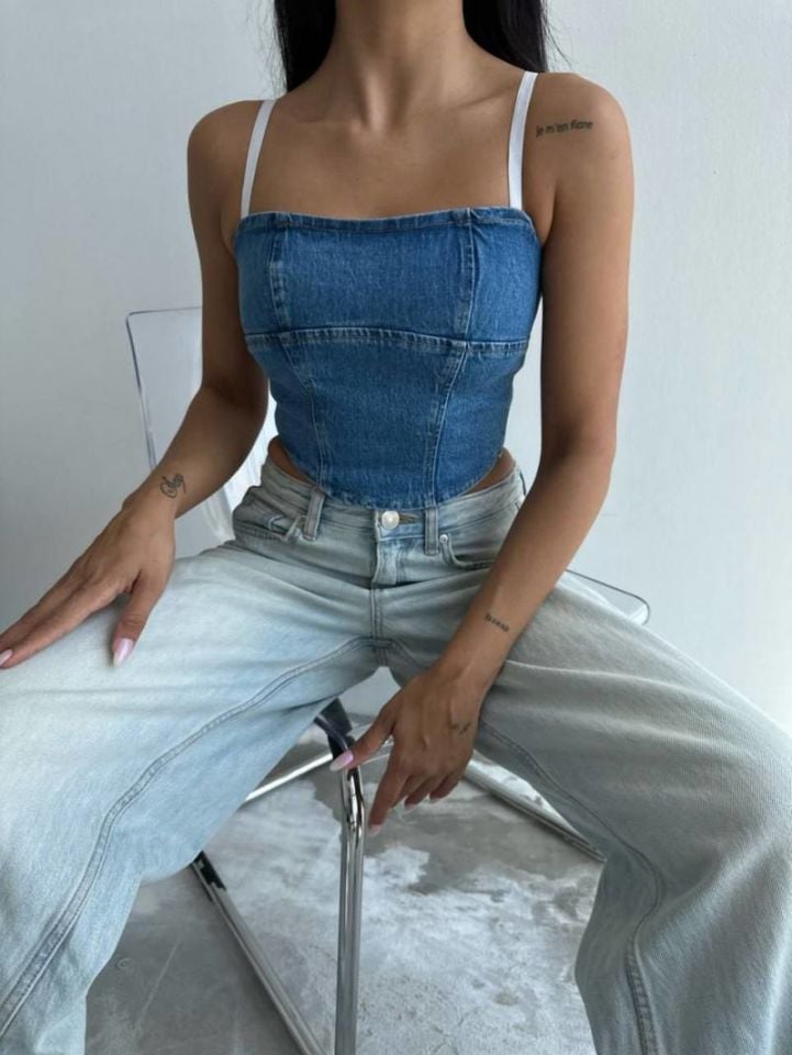 Askılı Denim Kot Crop Top