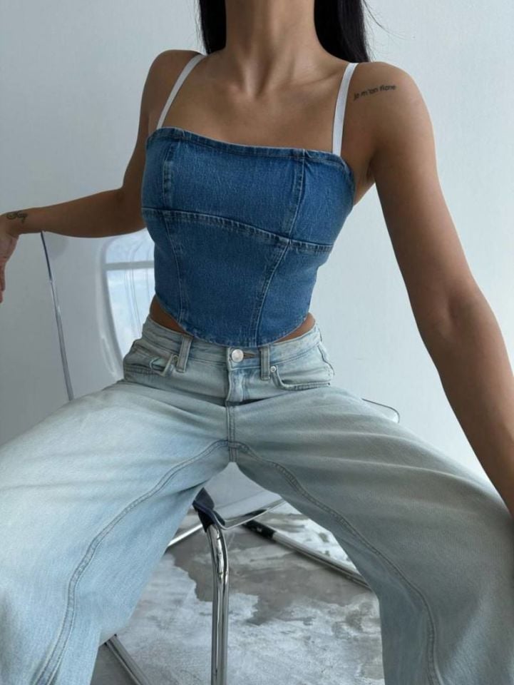 Askılı Denim Kot Crop Top