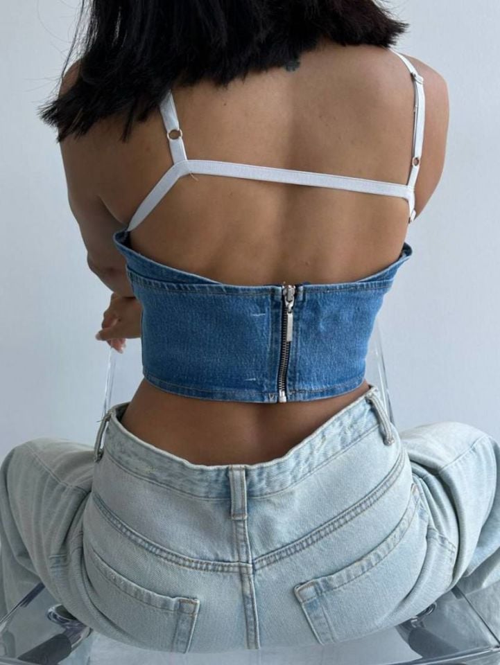 Askılı Denim Kot Crop Top