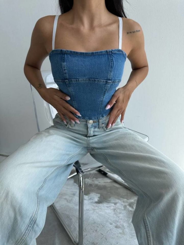 Askılı Denim Kot Crop Top