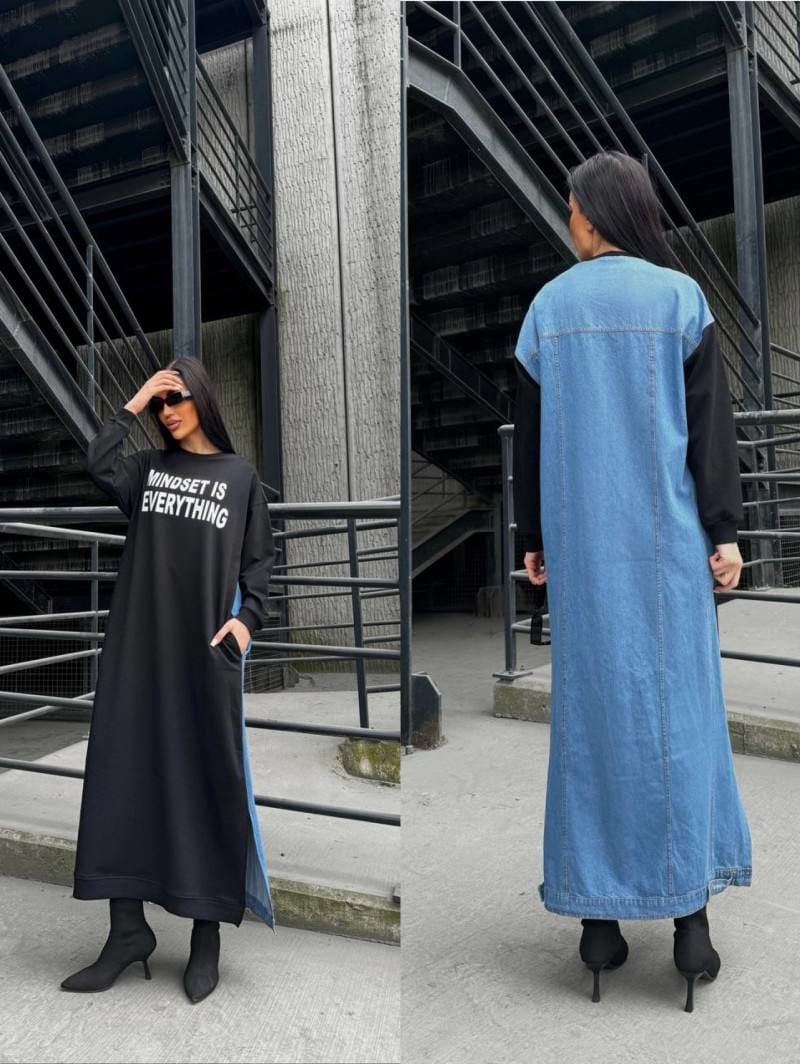 Two Color Long Denim Dress