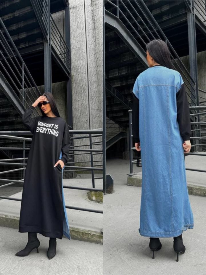 Two Color Long Denim Dress