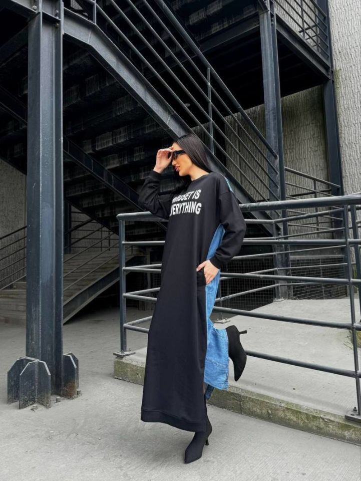 Two Color Long Denim Dress