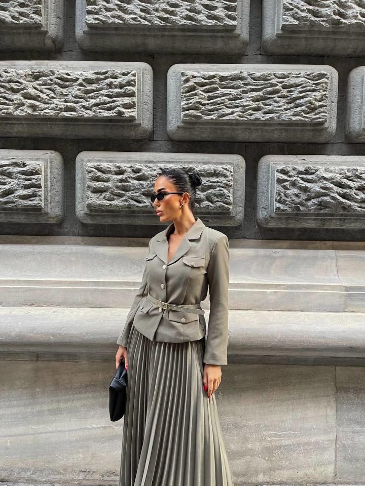 Elizabeth Belted Blazer Jacket & Pleated Skirt Sets Khaki - L