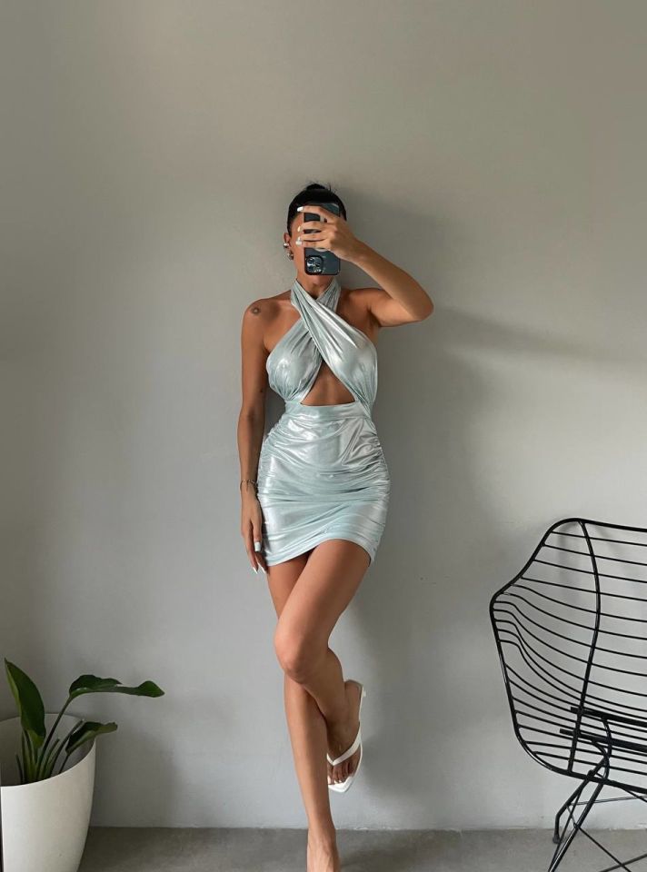 Shine Shiny Halter Neck Mini Dresses Ice Blue - L