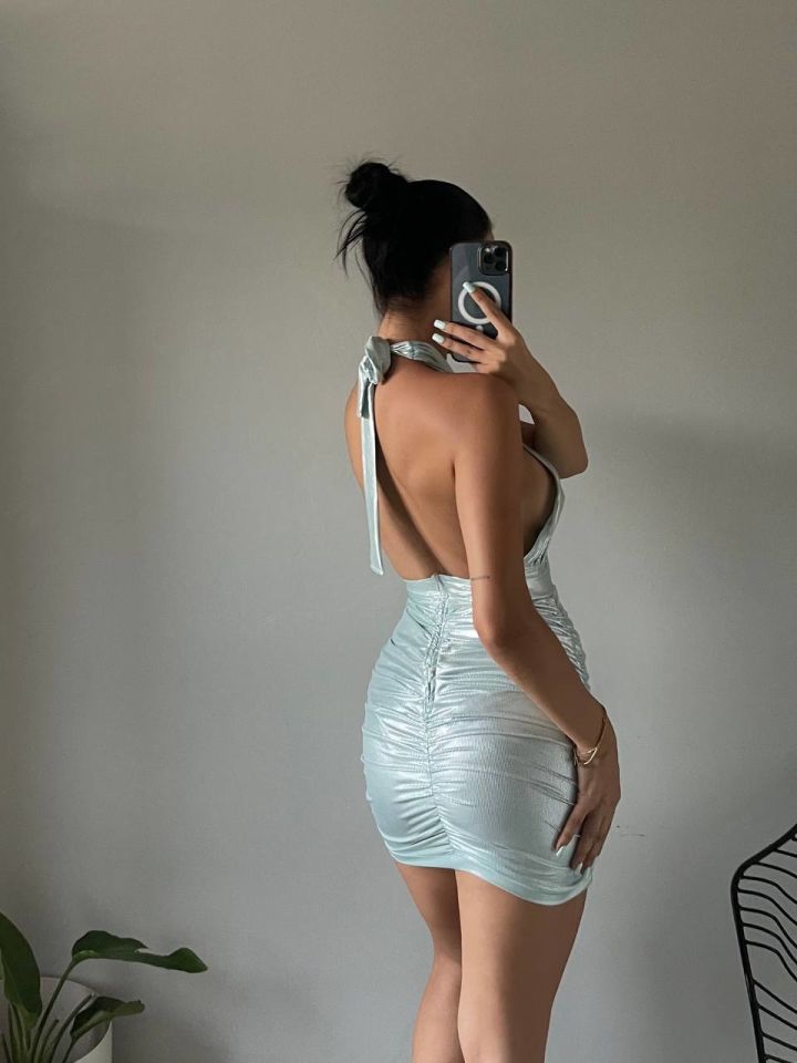 Shine Shiny Halter Neck Mini Dresses Ice Blue - L