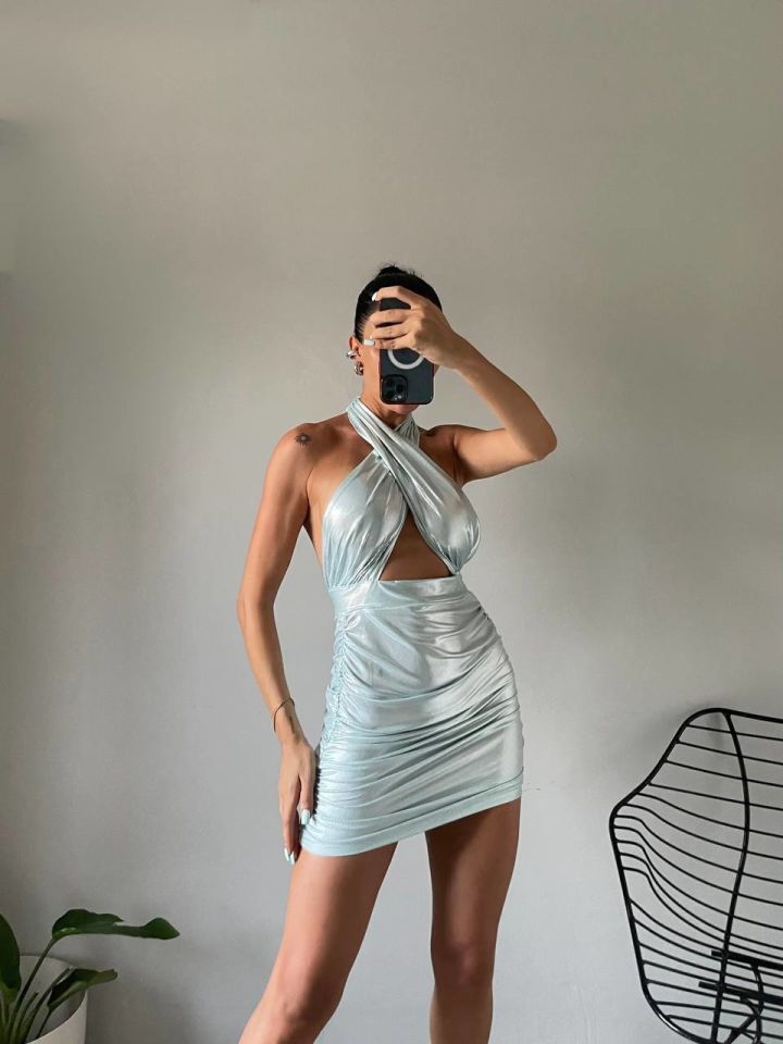 Shine Shiny Halter Neck Mini Dresses Ice Blue - L