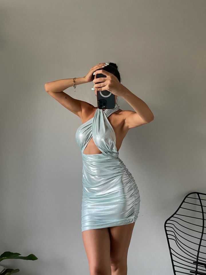 Shine Shiny Halter Neck Mini Dresses Ice Blue - L